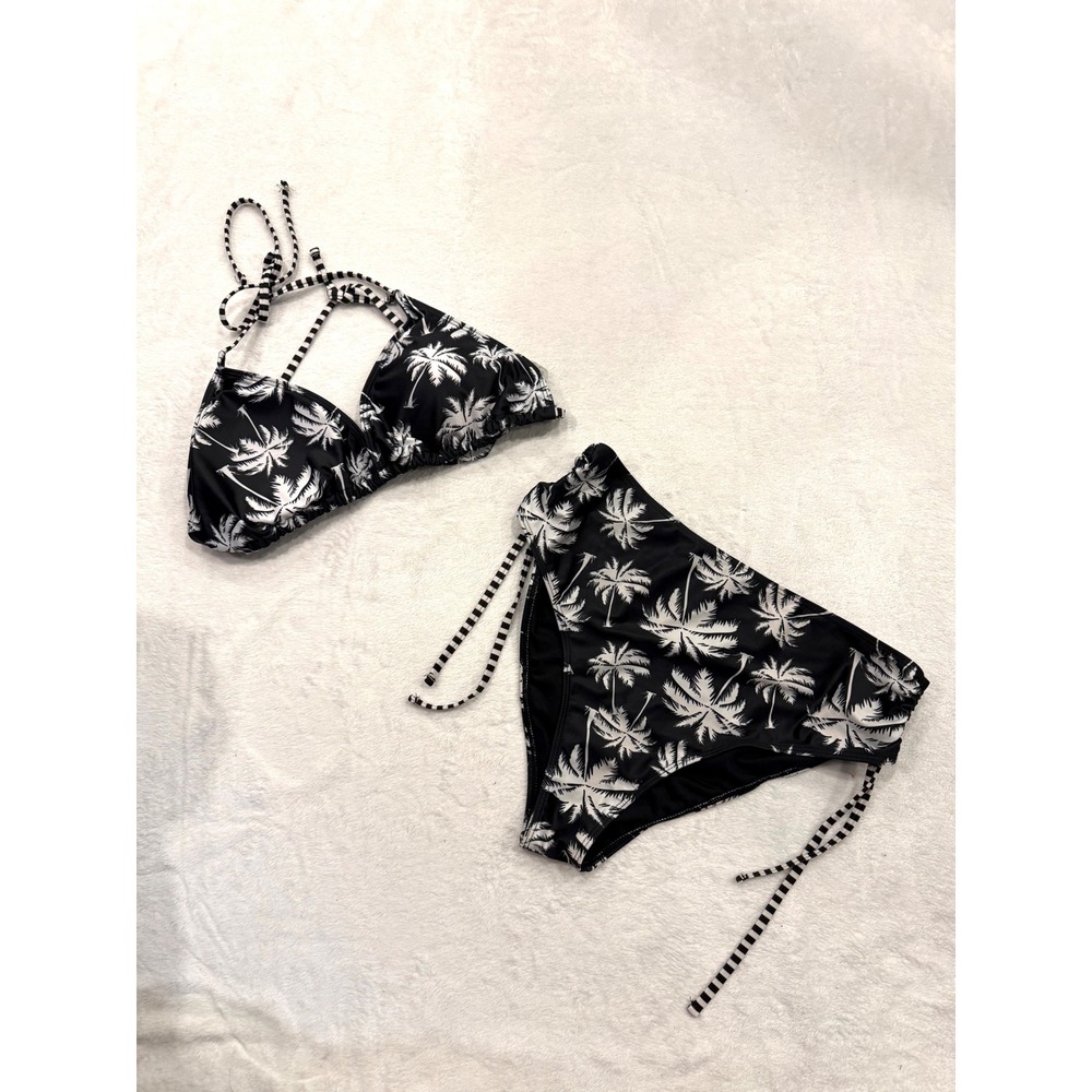 Unbranded Palm Tree Print High Waisted Bikini Set Black White 2XL Halter Top